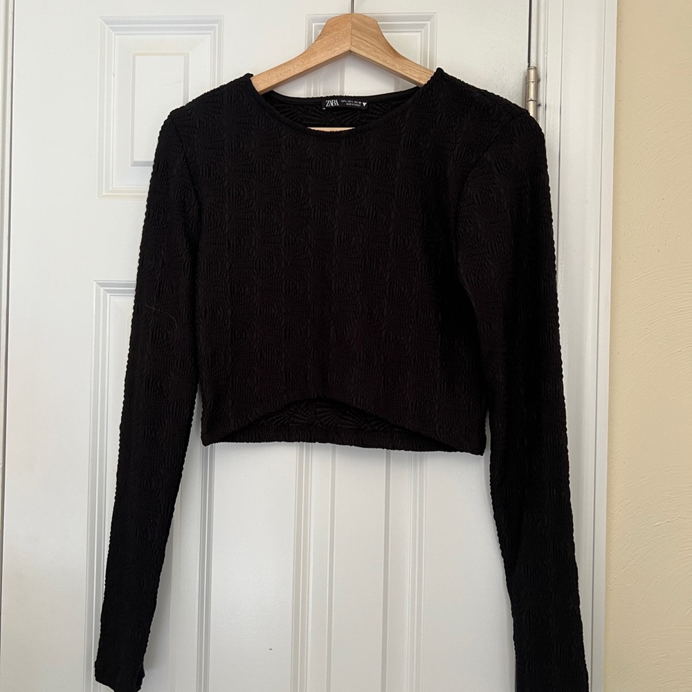 Zara Black Textured Long Sleeve Crop Top
